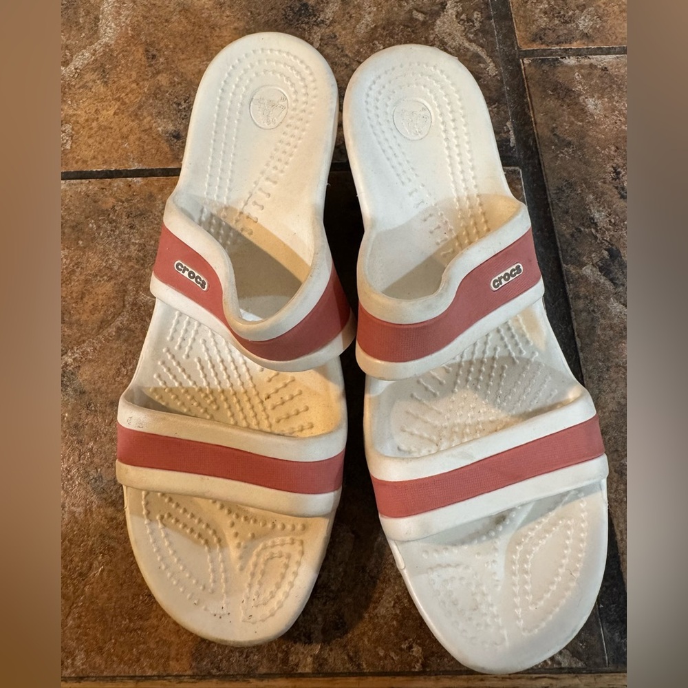 CROCS White and Pink Slide Sandals